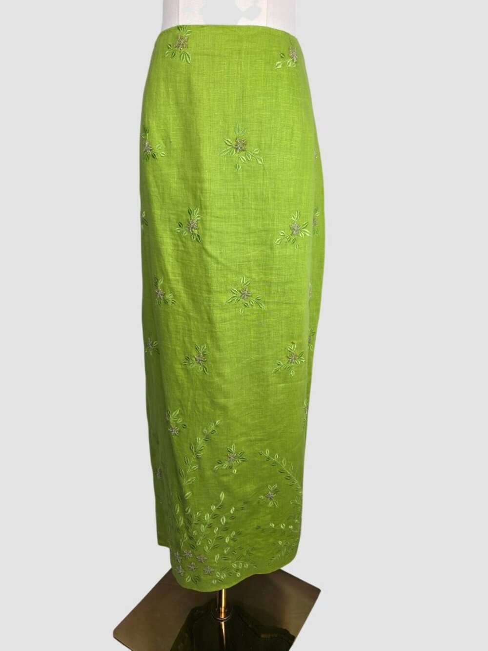 Vintage Lime Green Linen Skirt Sz 14 Floral Embroidery Maxi Coastal Boho Summer - Picture 2 of 13
